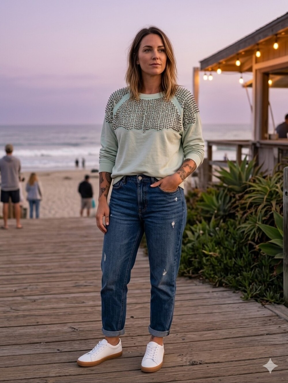 H&M Impressionnant Hoodie Crewneck Vert Sauge Clair Avec Studs Argentés